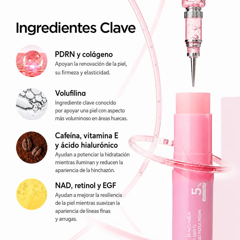 Ingredientes clave del bálsamo Racinea: PDRN, colágeno, Volufilina, cafeína, NAD y retinol