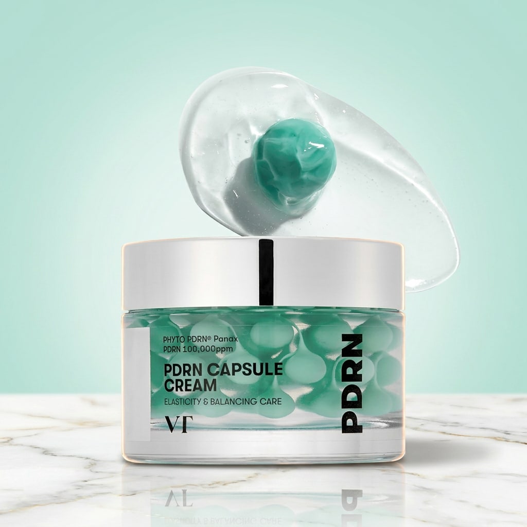 Pot PDRN Capsule Cream sur marbre — capsules réelles et texture du gel