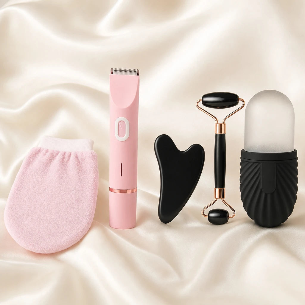 Afeitadora con guante exfoliante y kit de hielo, roller y gua sha