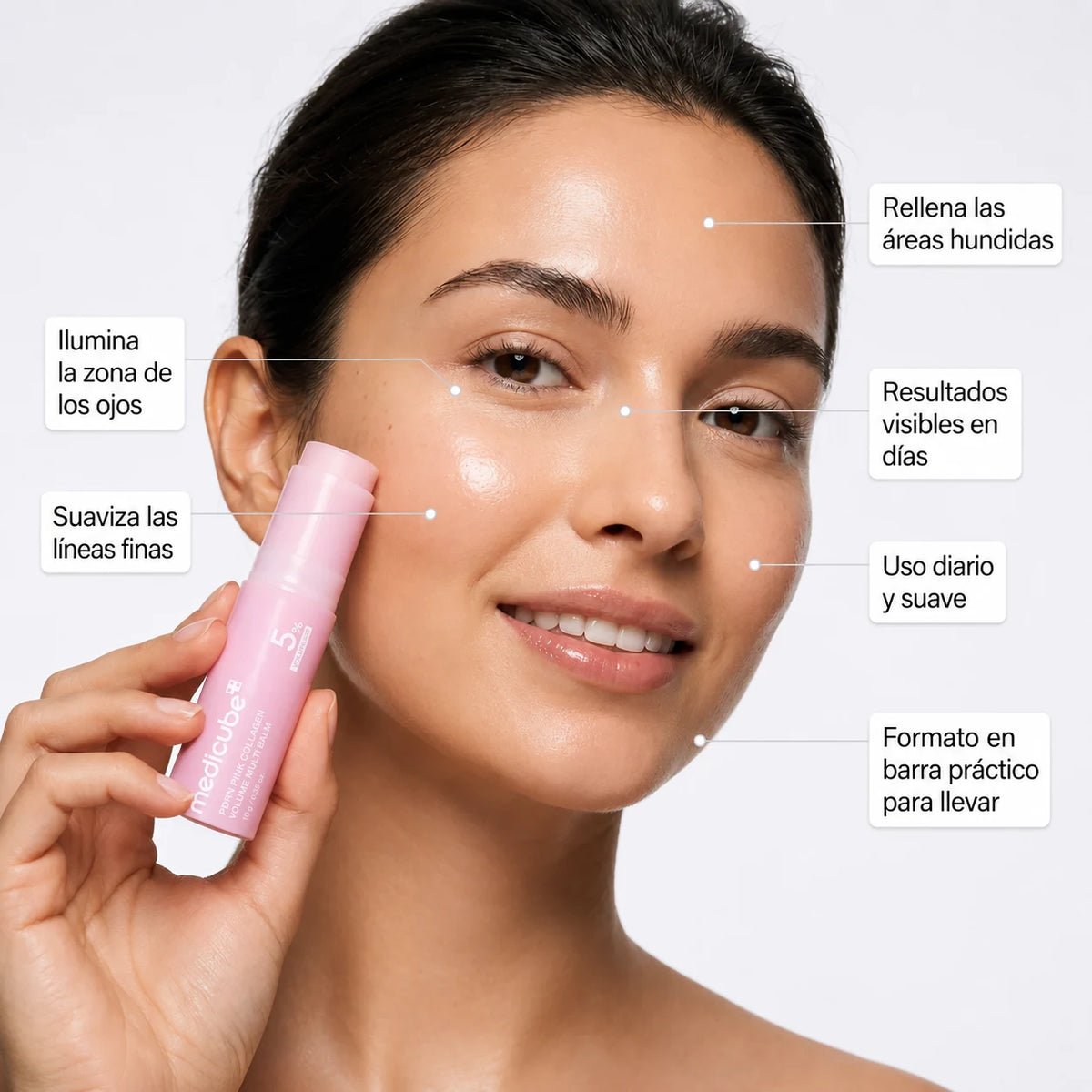 Mujer aplicándose el bálsamo Medicube, con los beneficios señalados sobre el rostro