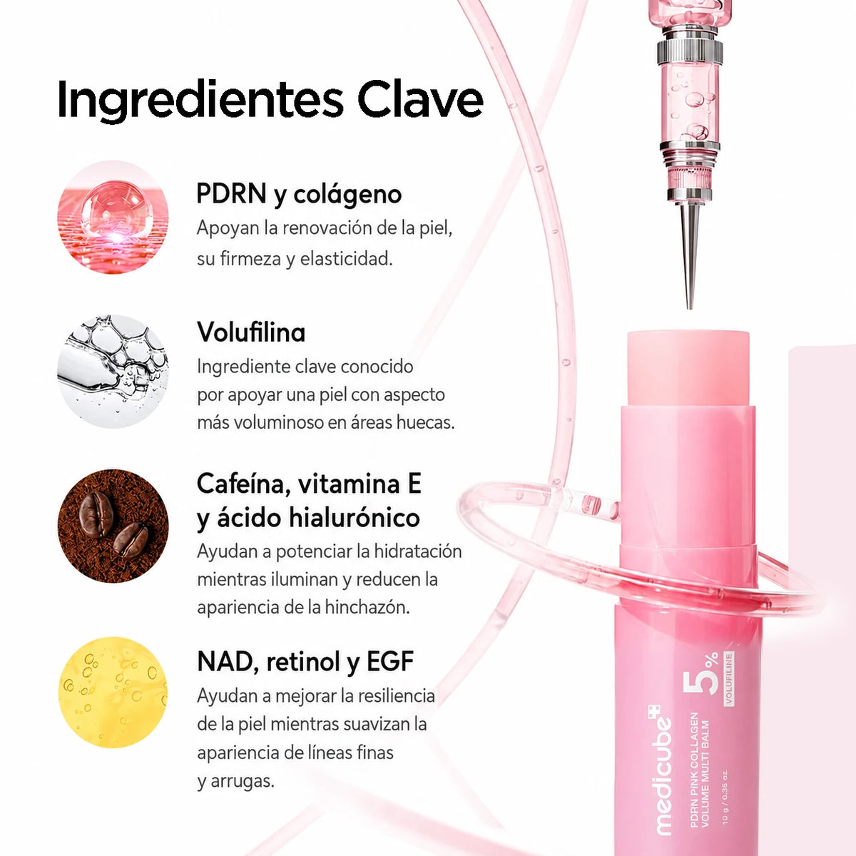 Ingredientes clave: PDRN y colágeno, Volufilina, cafeína con vitamina E y ácido hialurónico, NAD con retinol y EGF